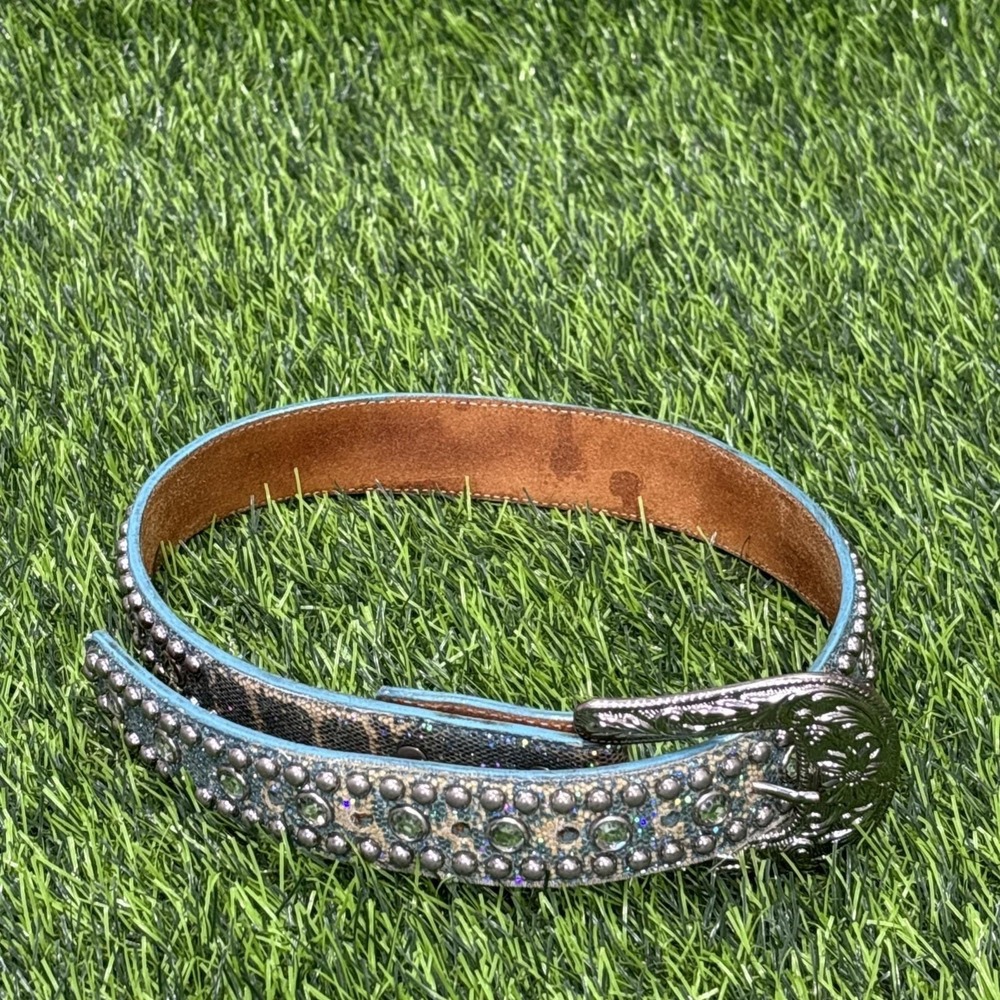 Western Leather Belt Studded Rhinestone Distressed Rock Cowgirl Size 24